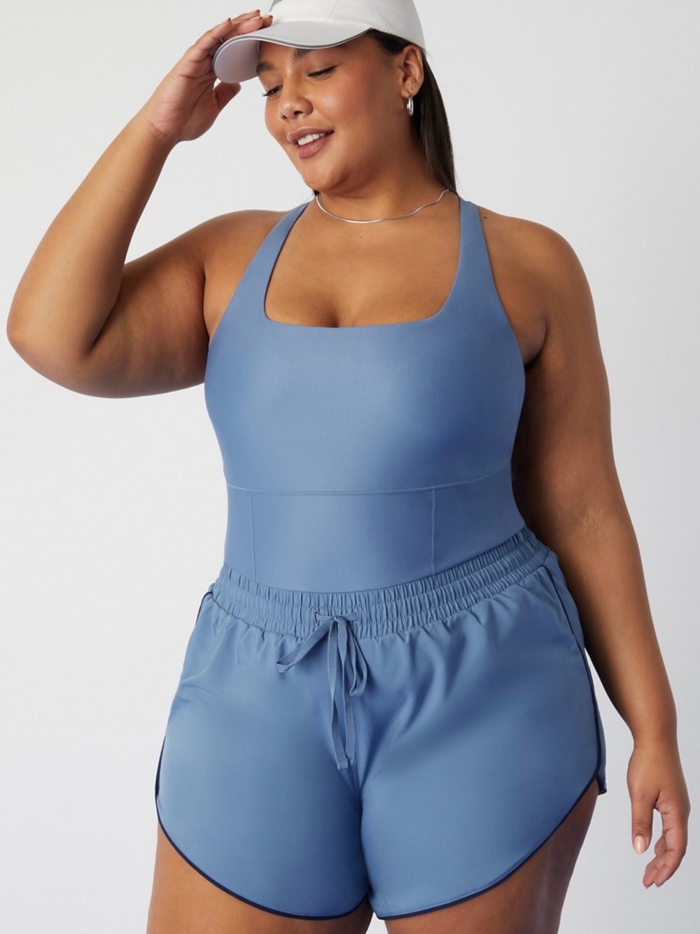 Fabletics NWOT Blue Sport Short Onesie Romper, Size 2X, Racerback, Built-In Bra